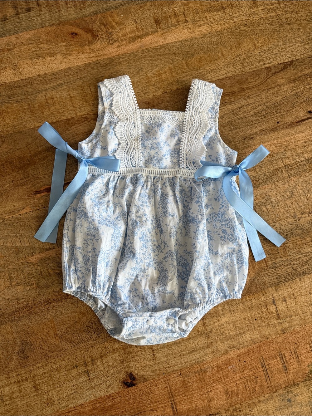 Sky Blue and White Floral Baby Bubble Romper with Ribbon Ties